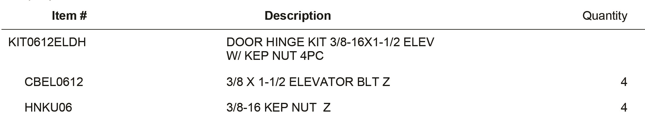 KIT0612ELDH DOOR HINGE KIT 3/8-16X1-1/2 ELEV  W/ KEP NUT 4PC
