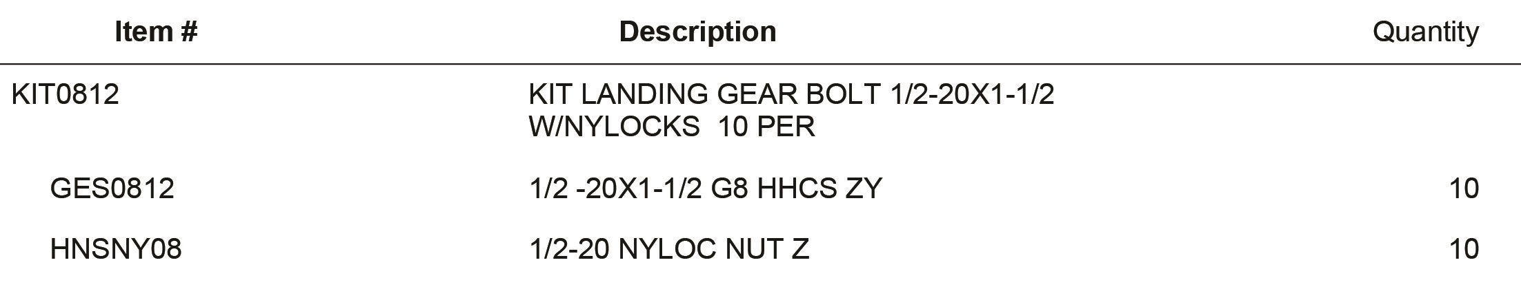 KIT0812 KIT LANDING GEAR BOLT 1/2-20X1-1/2 W/NYLOCKS  10 PER