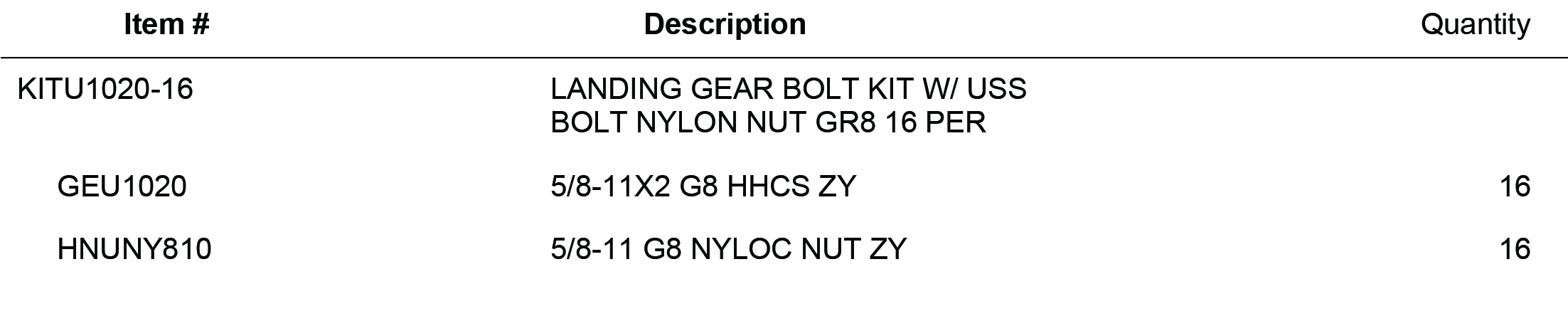 KITU1020-16 LANDING GEAR BOLT KIT W/ USS BOLT NYLON NUT GR8 16 PER